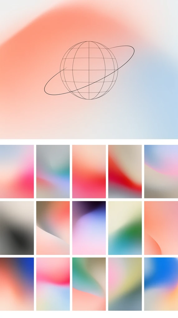 large soft peach and pale blue abstract gradient background, thin black wireframe globe with an elliptical orbit line, neat grid of vertical rectangular thumbnails below, diverse blurred fluid color gradients in each thumbnail, soft transitions of pastel and vibrant hues, blends of pink red blue green gray and beige, modern minimalist aesthetic, digital presentation board, smooth diffused textures, structured graphic design layout