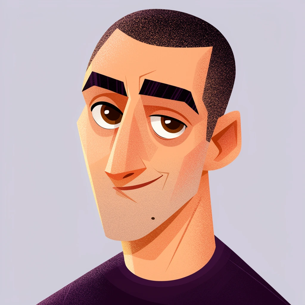 stylized editorial digital portrait of a man, head tilted slightly, short dark stippled hair, thick angular eyebrows, large brown eyes glancing upward, prominent sharp nose, subtle smirk, mole on lower right cheek, dark purple crewneck shirt, solid light lavender-gray background, geometric facial structure, sharp edges, flat color blocks featuring distinct stippled noise texture for shadows and highlights, warm peachy skin tones