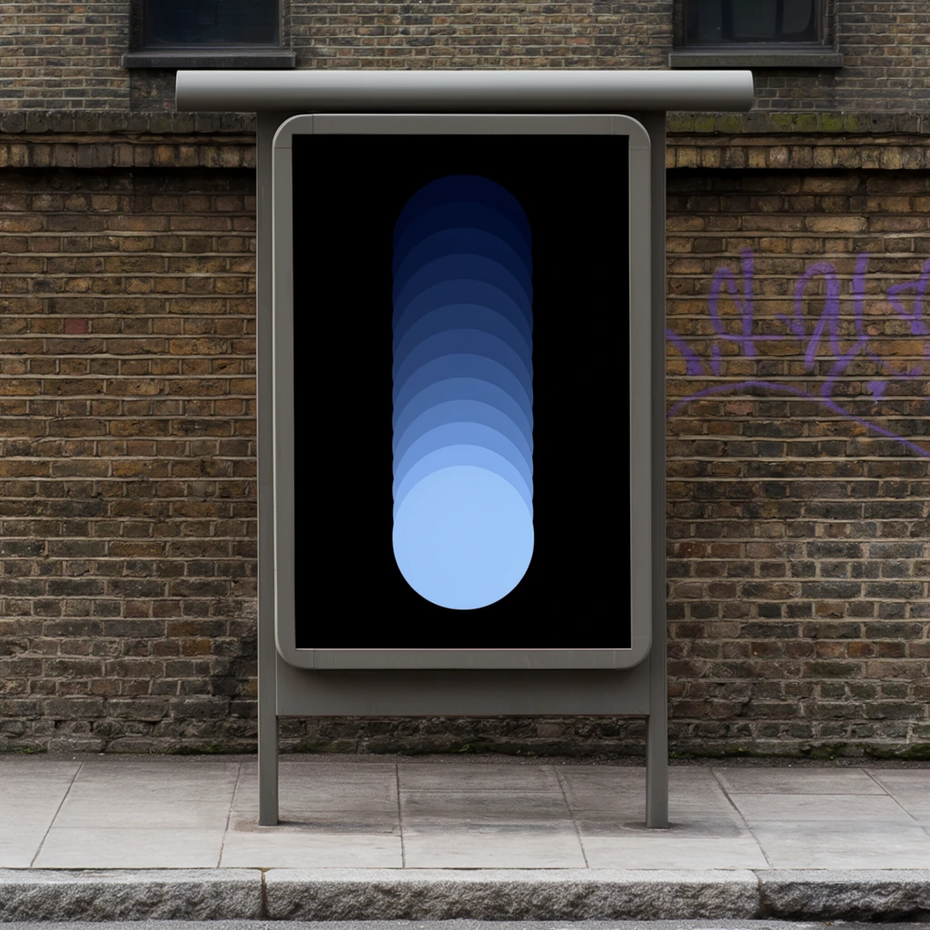 freestanding metal advertising kiosk on a city sidewalk, minimalist graphic poster enclosed in a grey frame, solid black poster background featuring a vertical column of circular shapes gradienting from dark navy to light blue, aged brown brick wall background, two small dark recessed windows near the top edge, faint purple graffiti tags on the right side of the brickwork, grey concrete paving stones, rough granite curb, diffused overcast daylight, straight-on symmetrical framing, eye-level perspective, realistic urban street photography, textural contrast