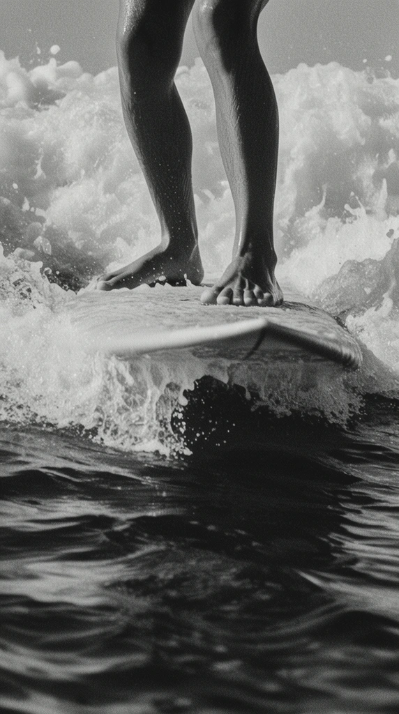 close-up of bare feet and lower calves standing firmly on a surfboard, turbulent whitewater crashing over the front of the board, splashing foam, surging ocean wave, dark undulating water in the immediate foreground, dynamic forward motion, black and white photography, vintage surf aesthetic, pronounced film grain, high contrast, intimate low-angle framing, raw kinetic energy