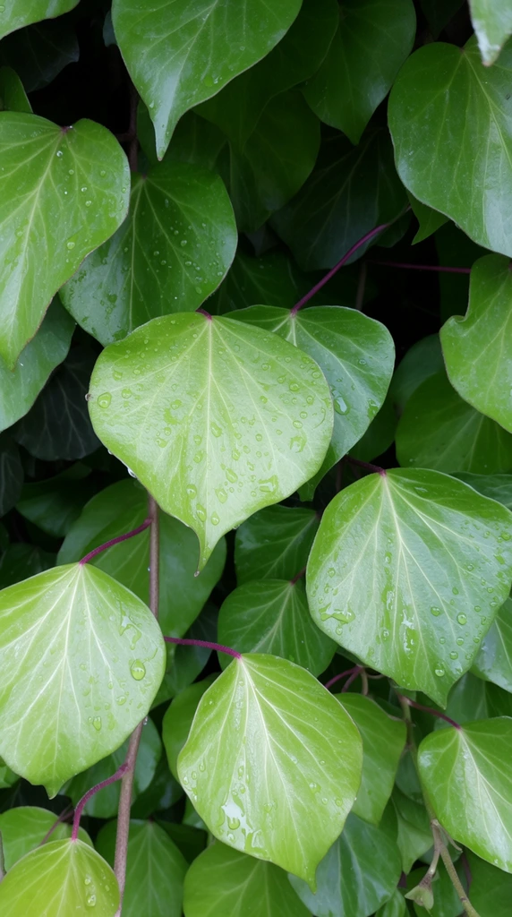 close-up of dense ivy foliage, vibrant green heart-shaped leaves with prominent pale veins, scattered clear water droplets clinging to smooth leaf surfaces, overlapping layers of foliage creating visual depth, deep shadows in the background crevices, slender reddish-purple stems weaving through the plant, soft diffused natural daylight, rich botanical textures, fresh dewy atmosphere, high-resolution macro nature photography