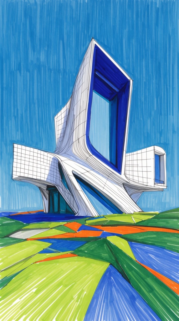 A vibrant marker-style architectural illustration of a futuristic deconstructivist building with fluid, angular white facades set against a vertically hatched cerulean blue sky. The dynamic structure features a large, deep blue framed rectangular opening, cantilevering wings with grid patterns, and sweeping curved forms. It sits atop a stylized, fractured landscape of interlocking geometric patches in bright green, lime, orange, and blue. The hand-drawn aesthetic uses energetic parallel linework and bold, contrasting colors.