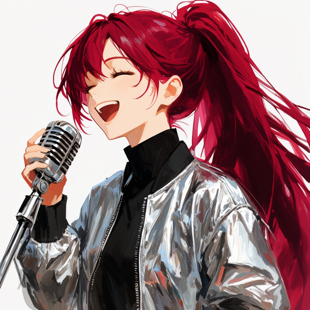joyful anime girl, long flowing crimson hair in high ponytail, eyes closed laughing, silver metallic bomber jacket, black turtleneck, holding vintage silver microphone, painterly anime illustration, expressive brushstrokes, sharp digital art, clean white background