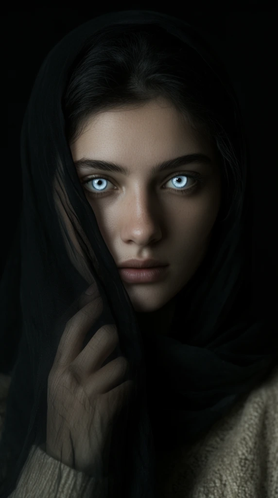 Close-up portrait of a young woman with piercing ice-blue eyes, sheer black headscarf, hand visible through fabric, beige sweater, low-key lighting, black background