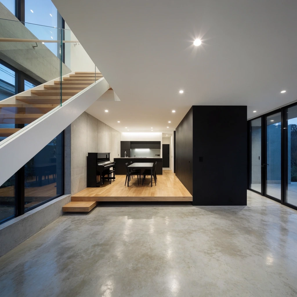 A modern open-plan architectural interior combines a polished concrete floor and a raised light wood platform holding a dark dining set, an upright piano, and a sleek kitchen. A bright staircase with white framing, wooden treads, and glass railings ascends above a large lower window. A stark black partition separates the living area from floor-to-ceiling glass exterior doors. Recessed lighting illuminates the white ceiling and raw concrete walls in this deep-focus, wide-angle perspective.