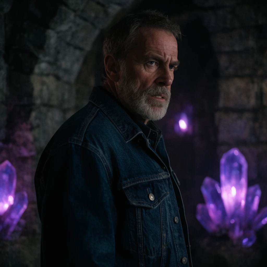 A rugged older man with a short grey beard stares tensely off-camera in a dimly lit stone dungeon. He wears a heavy dark blue denim jacket. Blurred glowing purple crystals in the background cast a dramatic rim light against his profile, contrasting with the deep ambient shadows. The cinematic widescreen composition uses a shallow depth of field to isolate the subject, enhancing the gritty and suspenseful atmosphere of the subterranean environment.