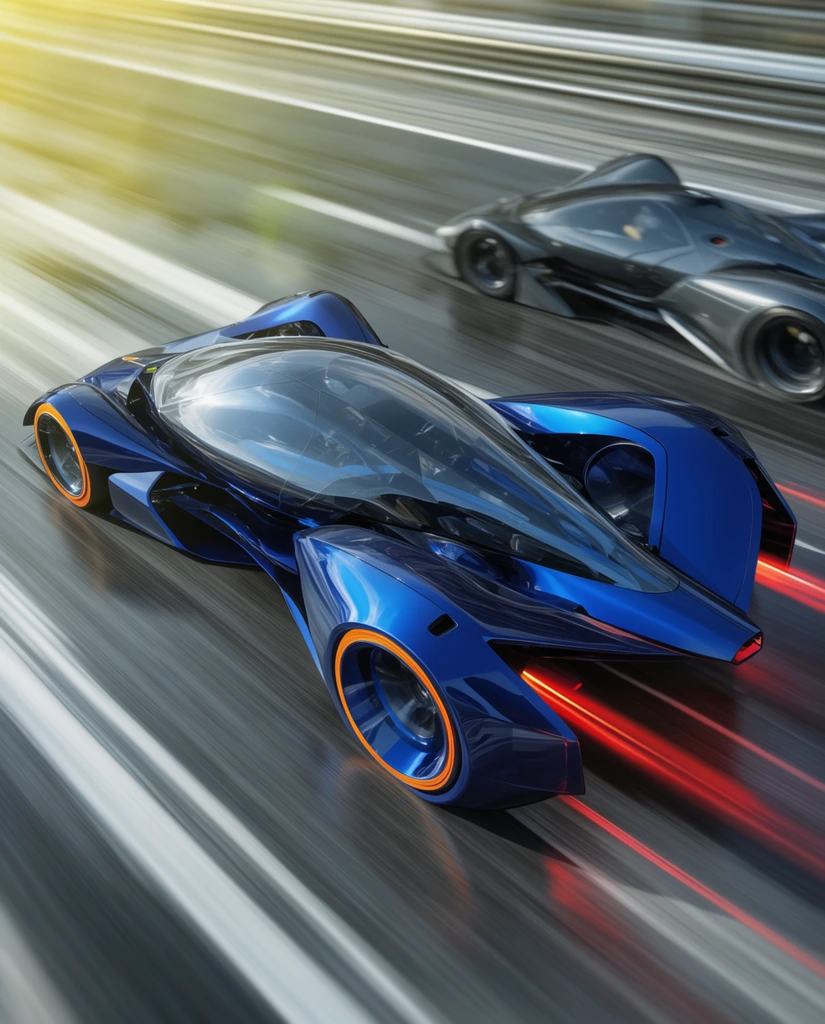 futuristic deep metallic blue race car speeding on asphalt, enclosed glass canopy, sharp aerodynamic body, oversized rear wheel fairings, orange rim accents, red heat trails, trailing dark grey race car, intense horizontal motion blur conveying extreme velocity, high-angle dynamic tracking shot, blurred white track lines, yellow light flare, photorealistic concept art, cinematic lighting