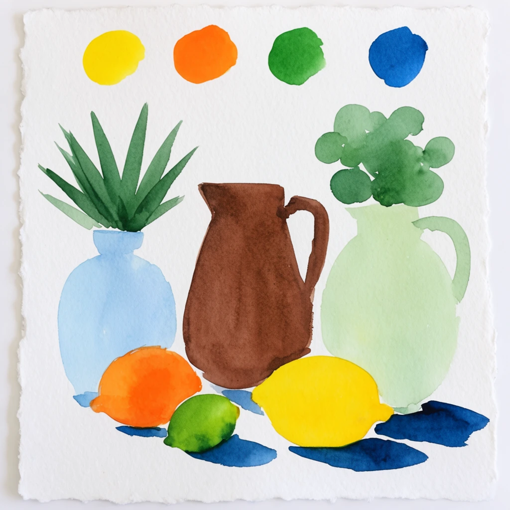 minimalist watercolor still life on textured white paper with deckled edges, loose flat wash brushstrokes, light blue vase with spiky green leaves, central brown pitcher, pale green jug with rounded foliage, vibrant orange, small green lime, large yellow lemon in foreground, dark blue cast shadows, four circular paint swatches in yellow orange green and blue horizontally aligned at the top, bright primary and secondary color palette, graphic composition, visible paper grain