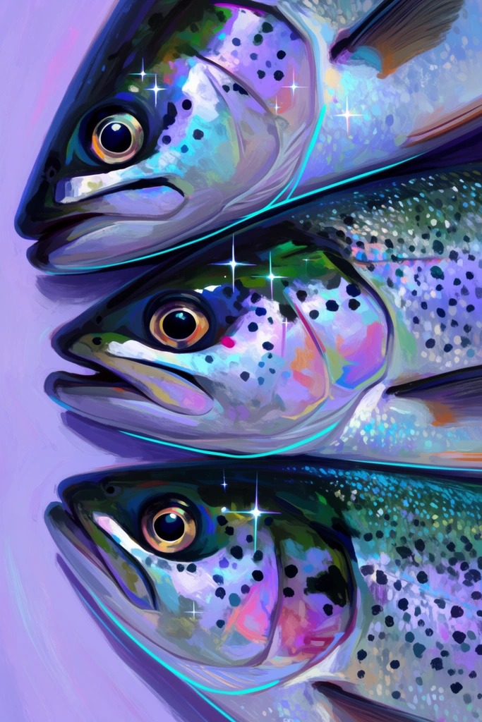 A tightly cropped digital painting of three stacked fish rendered with expressive brushstrokes. The speckled bodies feature cool blues, purples, and greens, accented by star sparkles and neon cyan lines. Their iridescent scales blend impressionistic textures with vivid highlights against a soft purple background.