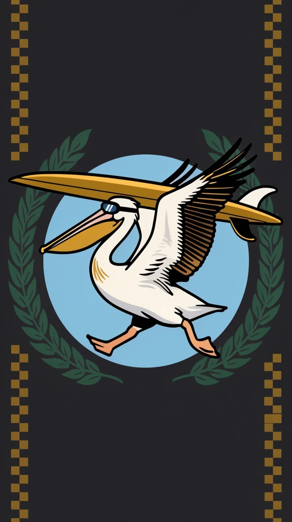 stylized white pelican running left, carrying a mustard yellow surfboard with a white fin horizontally above its head with raised wings, wearing black goggles, flat light blue circular backdrop, symmetrical dark green laurel wreaths curving up the sides, dark charcoal background, vertical gold and brown checkerboard accents on the left and right edges, bold outlines, retro surf graphic aesthetic, flat vector illustration