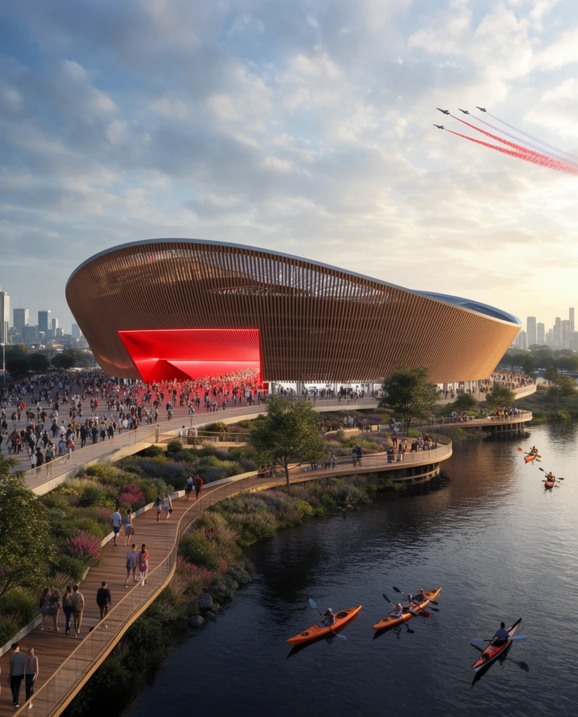 modern bowl stadium with curved slatted wood facade and bright red illuminated entrance, bustling waterfront pedestrian promenade, landscaped wooden boardwalks along a dark river with kayaks, distant city skyline, partly cloudy sky, fighter jets leaving red smoke trails, golden hour, architectural rendering