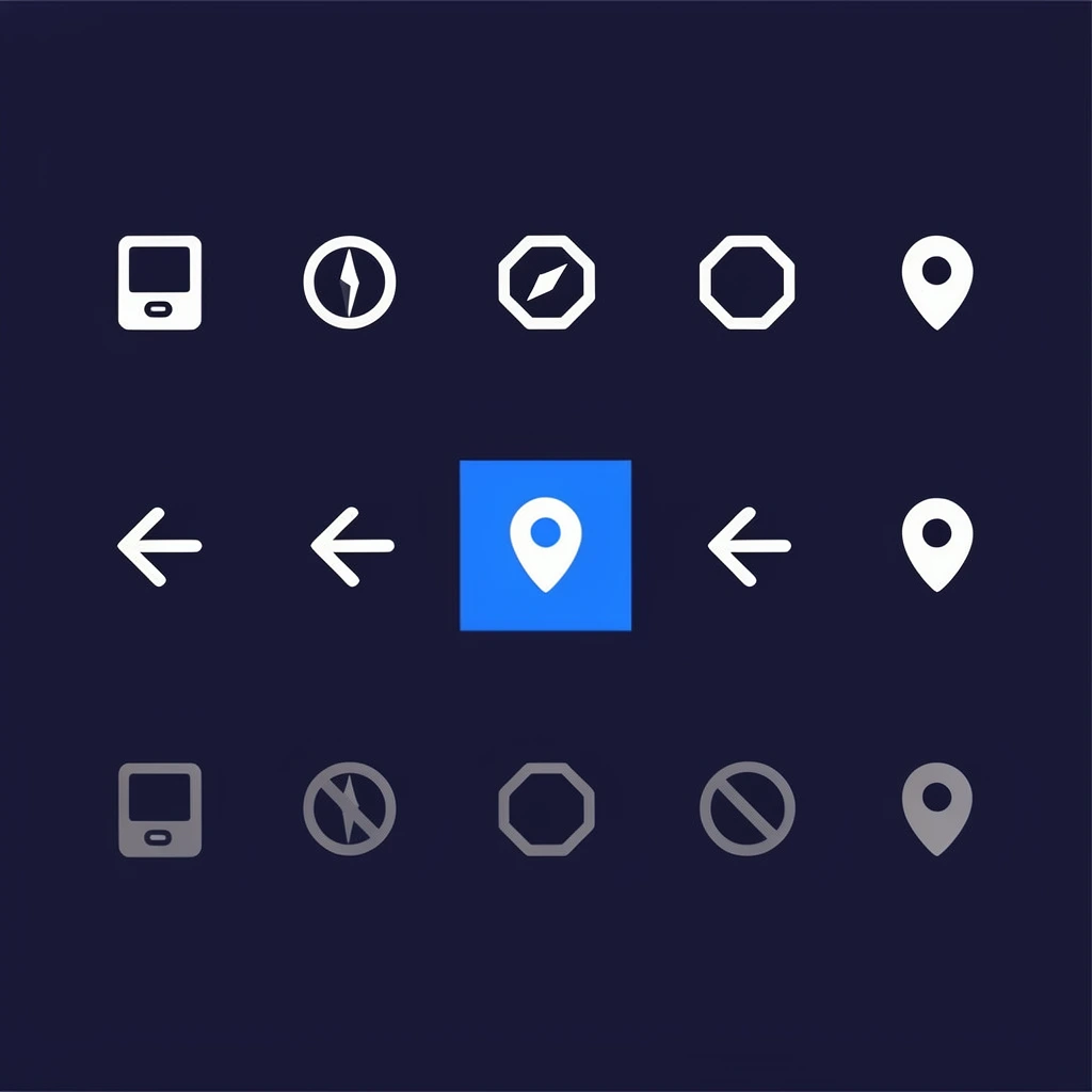 grid of interface icons on dark navy, three horizontal rows showing white outline, solid white, and muted grey styles, shapes feature devices, compasses, octagons, map pins, left arrows, slashed circles, bright blue square highlights a central solid map pin, flat vector graphics