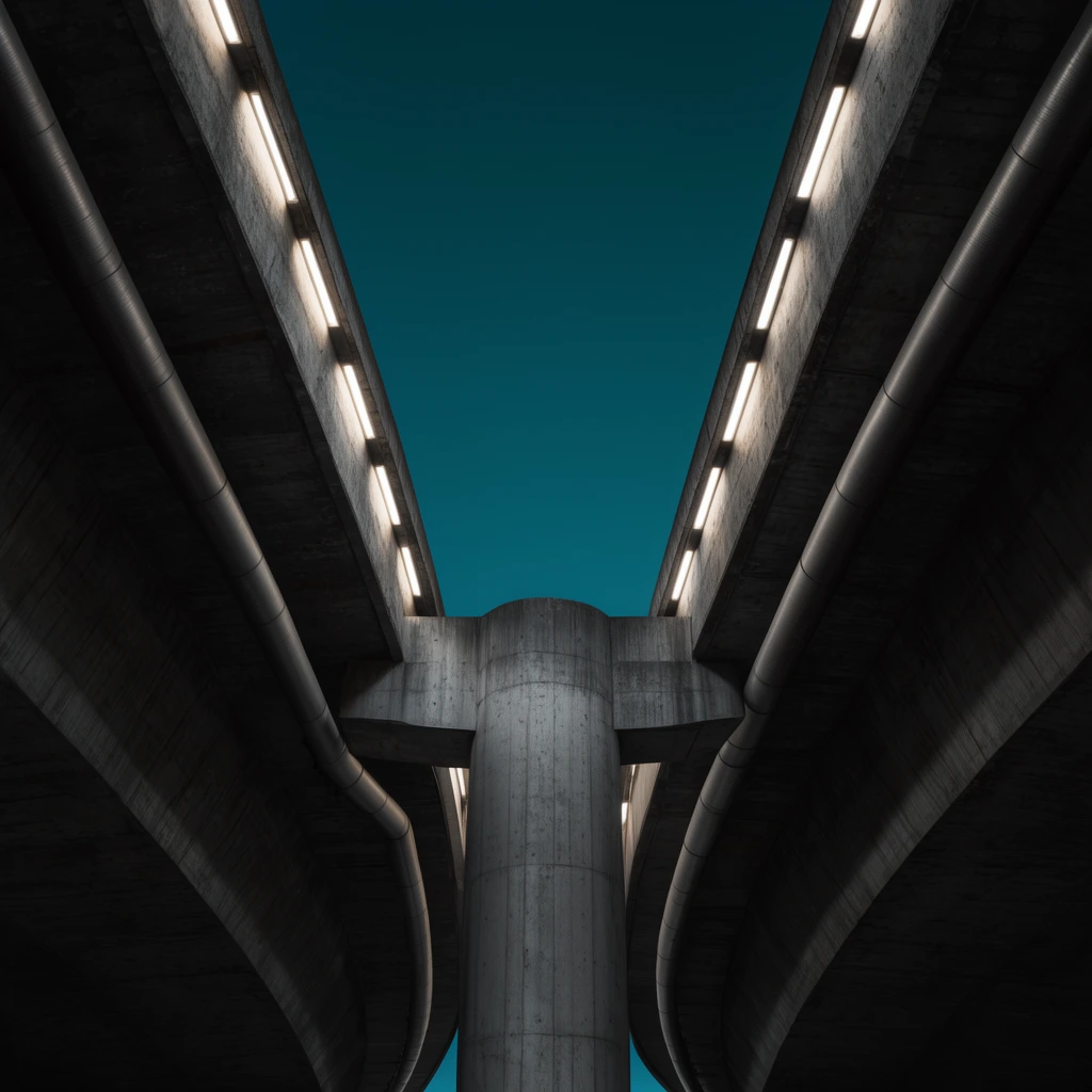 underside of a brutalist concrete overpass, low angle looking straight up, central cylindrical pillar between two dark converging curved roadways, deep teal sky forming V-shaped negative space, glowing recessed lights along curved edges, angled industrial pipes, minimalist geometric composition