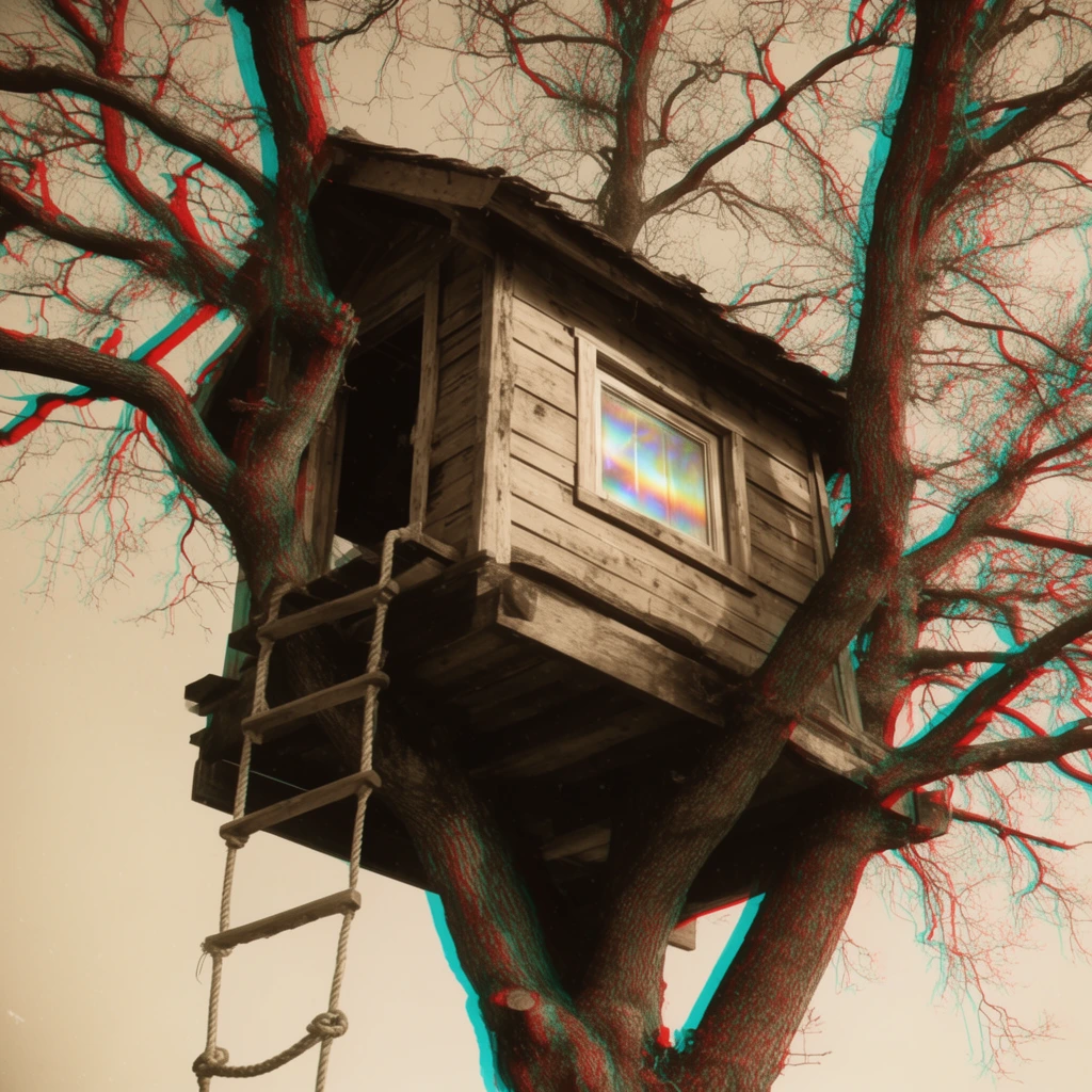 low angle view of rustic wooden treehouse in thick bare tree, rope ladder descending, window reflecting iridescent light, prominent anaglyph 3D effect, red and cyan chromatic aberration along branches, pale stark sky, vintage sepia tone
