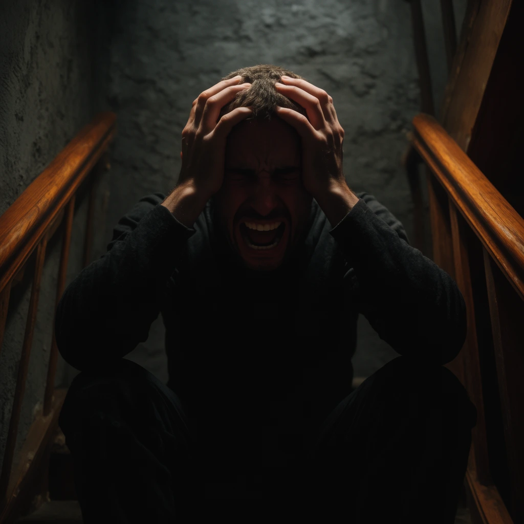A distressed man sits hunched on a staircase in heavy shadow, clutching his head with both hands, mouth agape in an anguished scream. He wears dark clothing, his face obscured by deep chiaroscuro. Dramatic overhead lighting highlights his tense knuckles, short hair, and warm wooden handrails framing the foreground against a rough textured gray wall. The low-angle cinematic perspective captures a claustrophobic, highly emotional atmosphere.