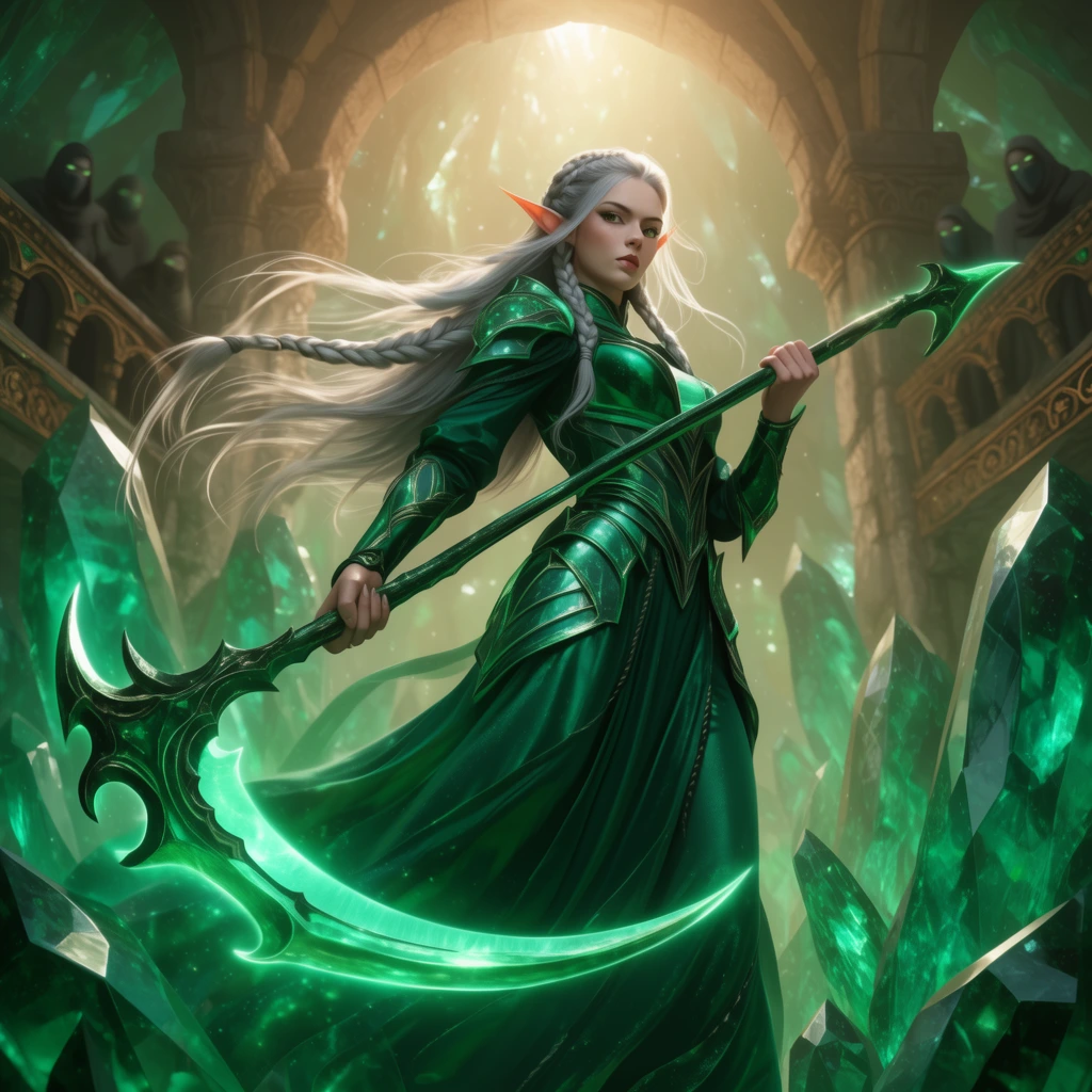 An elven warrior in an emerald armored gown stands in a glowing crystal cavern wielding a radiant green scythe. Her braided silver hair blows dynamically across her face. Ancient stone archways and giant emeralds surround her under warm overhead light. Blurred, masked figures observe from ornate balconies. Rendered as a polished high-fantasy digital illustration with cinematic lighting and a heroic low-angle perspective.