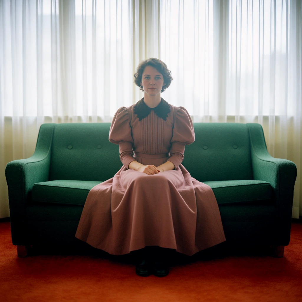 woman on emerald green couch, dusty rose dress with puffed sleeves and dark collar, hands resting in lap, sheer white curtains behind, red-orange carpet, vintage film photo, soft focus