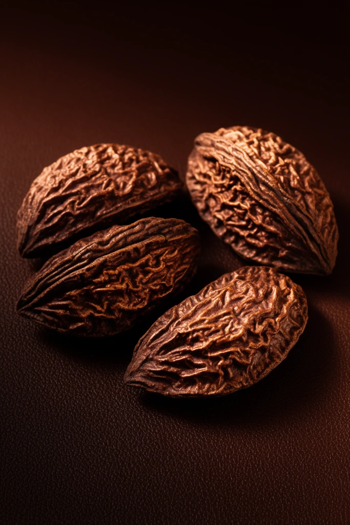 Four Brazil nuts in their deeply wrinkled, woody shells rest on a finely pebbled dark brown surface. Loosely grouped in the center, the nuts feature intensely corrugated textures with sharp ridges and deep crevices. Directional warm lighting from the upper right casts dramatic shadows, illuminating the shell crests with metallic copper and bronze highlights. The background resembles rich dark chocolate leather, creating a moody, monochromatic macro still life. High-contrast chiaroscuro emphasizes the organic, sculptural ruggedness of the botanical forms against the deep umber void.