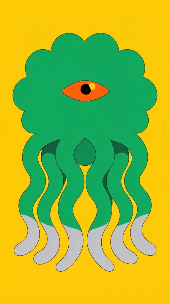 vibrant green surreal creature, scalloped cloud-like body, single glowing orange eye, undulating tentacles with silver tips, flat bright yellow background, minimalist vector graphic, bold pop art style