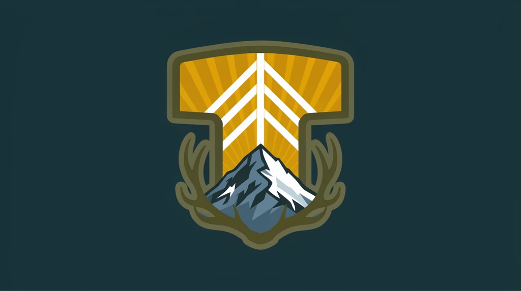A symmetrical flat-vector emblem shaped like a broad-headed hammer rests against a dark teal background. Inside a thick olive-green border, a jagged snow-capped mountain peak in slate blue and white anchors the lower center. Olive-green deer antlers curve outward from the mountain's base, framing the bottom edges. Behind the peak, a golden-yellow sunburst radiates straight lines upward, overlaid by a stark white geometric structure of a vertical line intersected by sharp diagonal chevrons. The design features crisp outlines and solid color blocking, utilizing a limited earthy palette to emphasize bold geometric symmetry in a modern crest style.