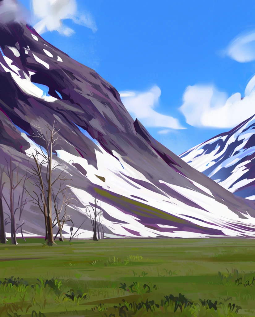A vibrant digital painting captures a sprawling mountain valley under a bright blue sky dotted with white clouds. A massive, rocky mountain dominates the left, featuring broad patches of white snow on its purple and gray slopes. Several bare, skeletal trees stand near its base. The foreground consists of a flat, green grassy plain with loose brushwork suggesting low vegetation. To the right, another snow-capped peak completes the valley frame. The artwork features bold, expressive brushstrokes and a stylized, painterly aesthetic with strong contrasting colors.