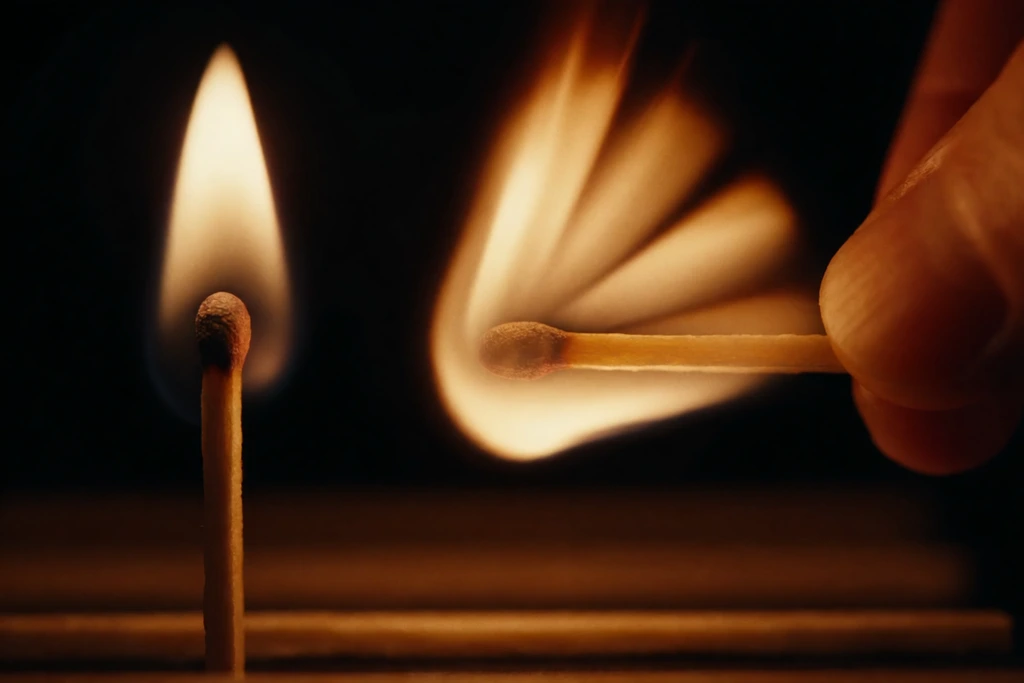 Extreme macro shot of two lit wooden matches against a dark background. On the left, a stationary match holds a crisp teardrop flame. From the right, fingers sweep a second match horizontally, creating a dramatic, fan-shaped motion blur of glowing orange fire. Out-of-focus horizontal ridges sit below in deep shadow. Cinematic widescreen composition with shallow depth of field, low-key lighting, and intense warm hues highlighting the dynamic sweeping motion.