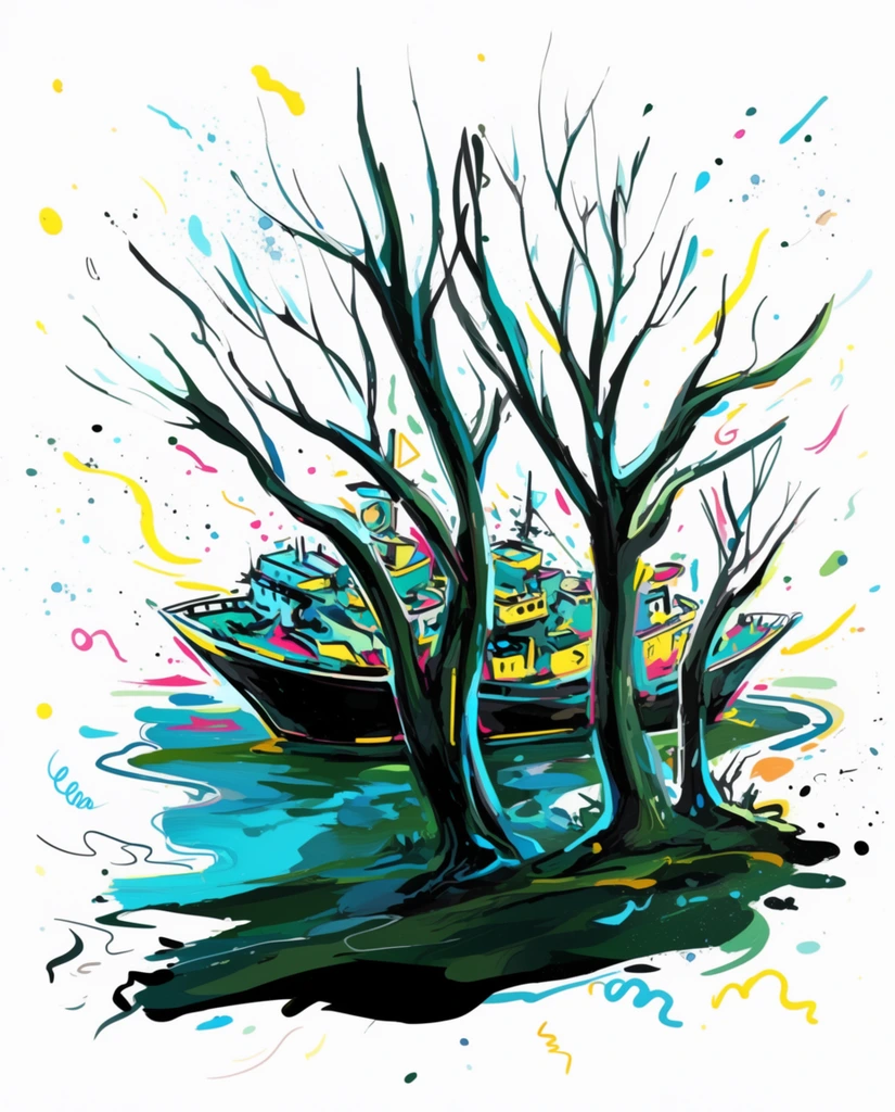 A vibrant ship resting on water behind a foreground of bare trees, rendered in an energetic digital illustration style isolated against a stark white background. The bare trees feature thick, sweeping black and dark emerald green brushstrokes, heavily accented with sharp cyan and bright yellow highlights. Peeking through the twisting branches, the ship is constructed from dynamic clusters of teal, yellow, and magenta geometric shapes defined by bold black outlines and heavy shading. The water beneath the ship consists of thick, painterly swaths of cyan, deep green, and solid black, bordered by loose, expressive contour lines. Radiating outward from the central scene are numerous ink splatters, floating colorful squiggles, and scattered dots in yellow, cyan, and pink. The rendering technique merges crisp, graphic cell shading with loose, impasto-like digital painting strokes, establishing a high-contrast aesthetic where vibrant, saturated colors pop forcefully against the expansive white negative space.