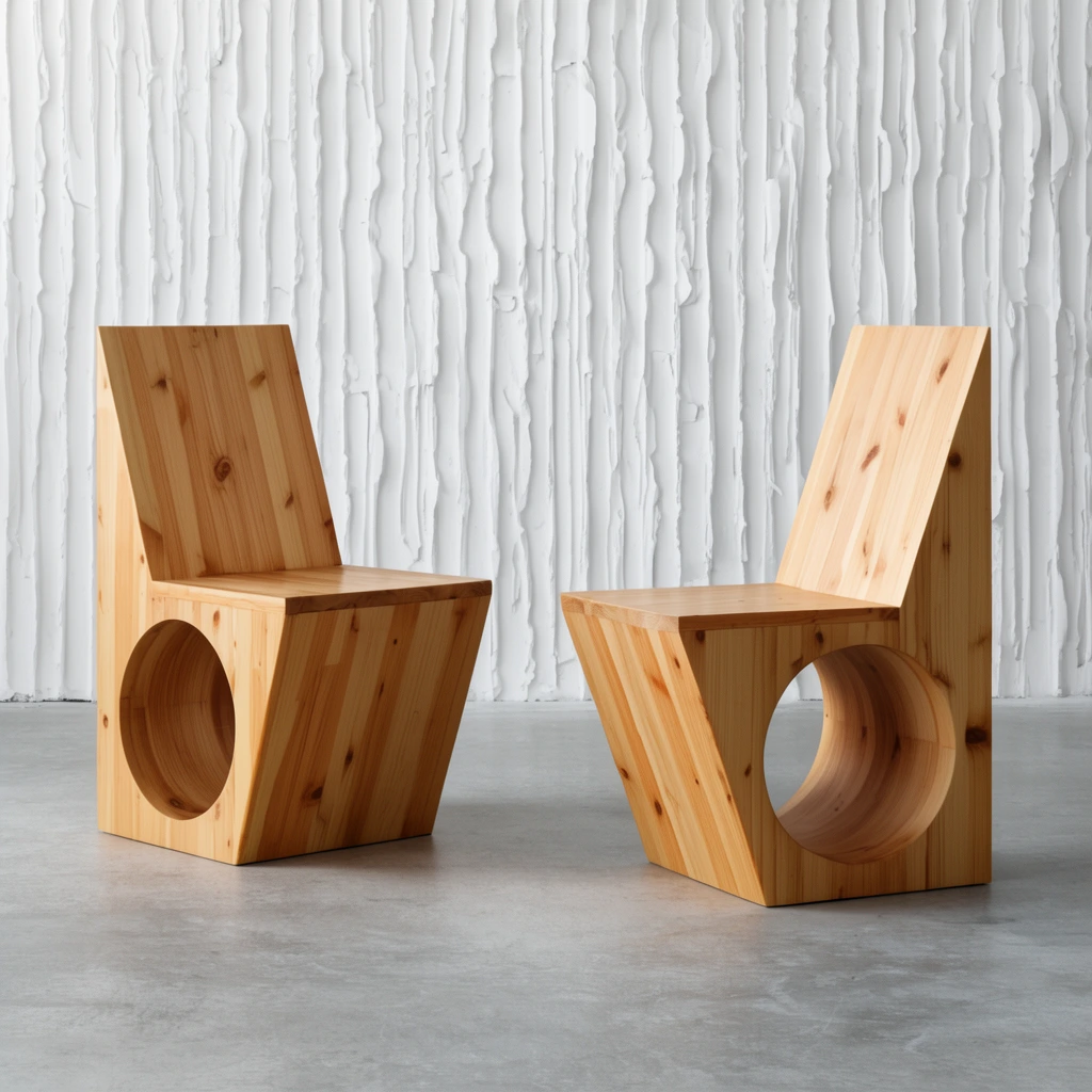 Two minimalist pine chairs with angled triangular side profiles and large circular base cutouts rest on a smooth grey concrete floor. The warm wood grain contrasts against a stark white background wall featuring irregular, plaster-like vertical ridges. Soft diffused lighting highlights the geometric forms.