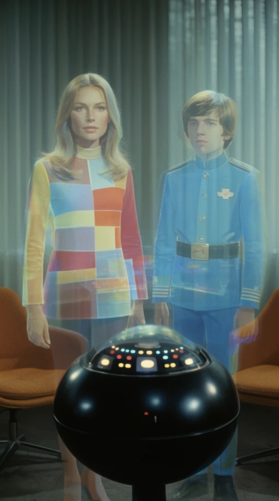 semi-transparent holographic projections of a woman in a geometric color-block top and a boy in a blue uniform, retro science fiction aesthetic, soft double exposure effect, black spherical console with glowing indicator lights, mid-century chairs, vertical blinds, muted cool lighting, 1970s television style, soft focus