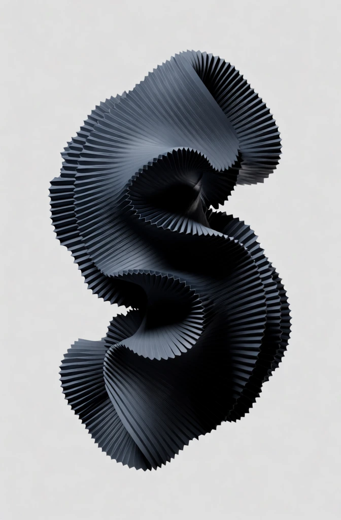 A vertically oriented, abstract S-shaped form composed of dark, layered, pleated material sits centered against a plain light gray background. This central subject consists of a dense, charcoal-gray substance with a fine-ribbed texture of parallel lines following the contours of its folds. The structure is built from multiple overlapping and twisting layers that create deep, shadowed recesses and sharp, highlighted ridges, giving it a heavy, three-dimensional volume. The outer edges of the form are irregular and jagged, appearing frayed or torn in a repetitive, sawtooth-like pattern. The entire object is isolated against a flat, uniform, light-gray environment with no visible horizon or ground plane. Lighting originates from an upper angle, casting soft yet distinct shadows within the material's folds to emphasize the intricate tactile quality of the pleated surface. The color palette is minimalist and monochromatic, restricted to shades of dark slate gray and charcoal against the neutral backdrop. The composition is balanced and centered, utilizing a direct, eye-level perspective to highlight the geometric complexity and play of light across the textured object.