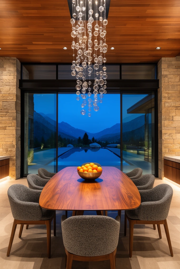 symmetrical modern luxury dining room, polished wooden table with a bowl of oranges, textured grey chairs, cascading glass bubble chandelier, wood-paneled ceiling, stone walls, expansive sliding glass doors framing a twilight mountain landscape and exterior reflecting pool, warm architectural interior lighting