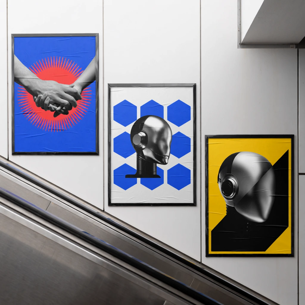 Framed graphic posters step diagonally down a white paneled wall beside a metal escalator. The minimalist artwork combines flat blue, white, and yellow backgrounds with striking grayscale subjects. Distinct motifs include clasped hands over red sunbursts and hexagons, alongside smooth metallic robotic heads framed by stark black geometric shapes.