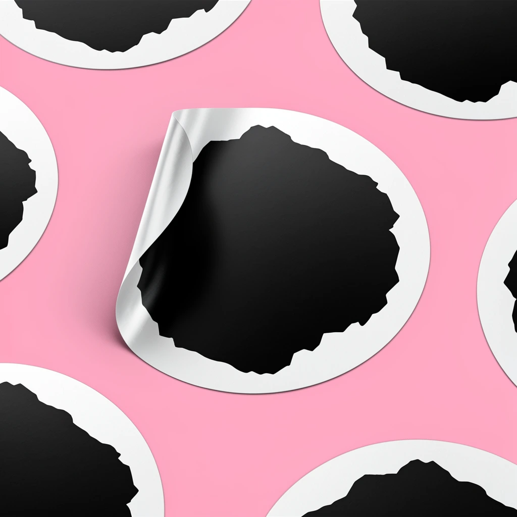 scattered round stickers on a solid pink surface, prominent central sticker partially peeled with top-left corner curled up, white underside revealed, crisp drop shadow, circular white borders framing large irregular jagged black shapes, flat lay perspective, photorealistic product mockup, bright even studio lighting, macro photography details