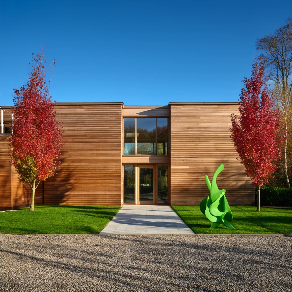 modern wood-clad house, horizontal wooden siding, central glass entryway, paved walkway, gravel driveway, green lawn, bright green abstract sculpture, two trees with red autumn leaves, clear blue sky, bright sunlight, long shadows, architectural photography