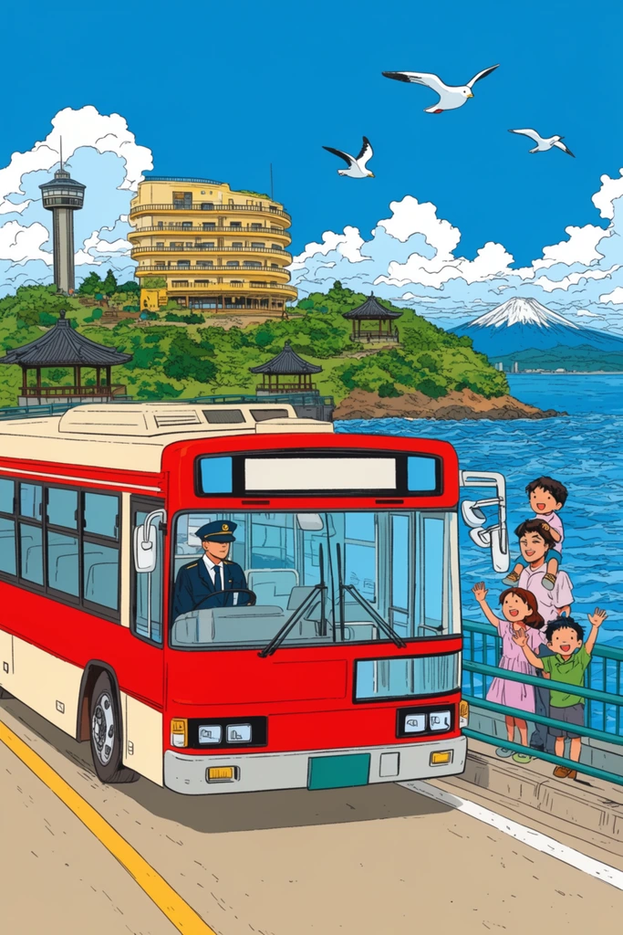 A vibrant ligne claire illustration features a bright red and cream transit bus driving along a paved coastal bridge under a vivid blue sky filled with fluffy white clouds. Inside the bus, a uniformed driver sits behind the large windshield. To the right, smiling pedestrians stand behind a teal metal railing overlooking the choppy blue water, including a child on an adult's shoulders and two kids waving enthusiastically. In the background, a lush green island rises from the water, dotted with traditional dark-roofed pavilions, a large multi-story yellow building with rounded balconies, and a tall observation tower. Three white seagulls soar overhead, while a distant snow-capped conical mountain rests on the horizon. The artwork employs crisp black outlines, flat graphic coloring, and highly saturated hues to create a lively, idyllic coastal atmosphere.
