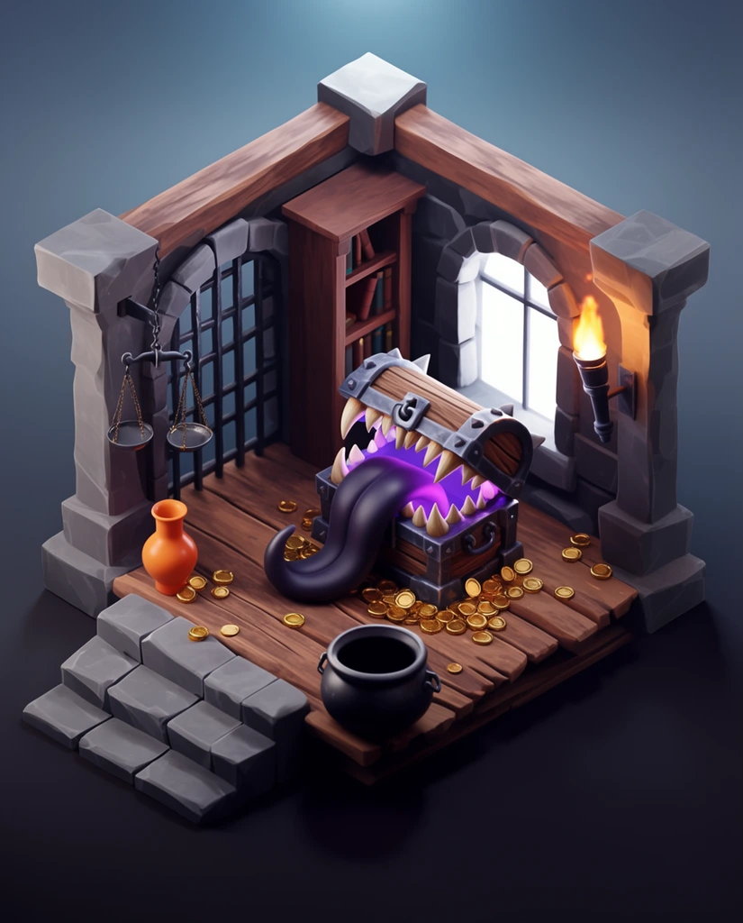 3D isometric dungeon diorama, monstrous wooden chest with sharp teeth and long dark tongue, glowing purple interior, scattered gold coins, stone steps, wooden floor, cauldron, orange vase, hanging scales, bookshelf, bright arched window, iron grate door, lit wall torch, smooth low-poly render, soft studio lighting