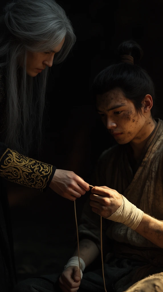 Two figures examine a thin cord in deep shadow. A person with long grey hair and a gold-embroidered sleeve reaches toward a young, dirt-smudged man with a topknot and bandaged wrists. Cinematic lighting highlights their touching hands.