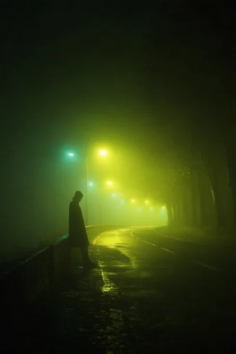 Cinematic Acid Nocturne style reference image — wet asphalt reflections
