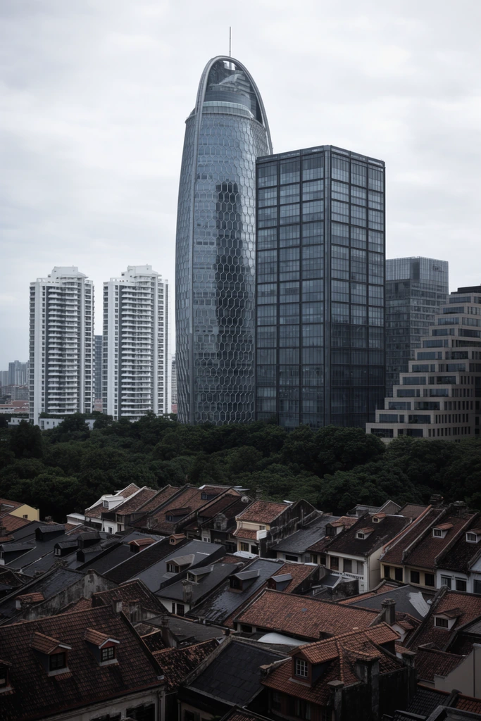 A vast urban landscape capturing a sharp architectural juxtaposition under a diffused, overcast sky. The foreground reveals a dense cluster of historic low-rise buildings featuring weathered, dark terracotta and slate-grey pitched roofs with small dormer windows. A thick canopy of dark green trees creates a horizontal division, separating the traditional neighborhood from a towering modern skyline. Dominating the background is a massive, elliptical skyscraper with a honeycomb-patterned glass facade and a curved crown topped with a thin antenna. Beside it stands a rigid, rectangular high-rise encased in a dark glass grid. To the left, twin white residential towers display repetitive balconies, while stepped geometric buildings flank the right. Captured from an elevated vantage point with deep depth of field, the photography emphasizes the dramatic contrast between low-slung textured rooftops and sleek, monumental contemporary towers.