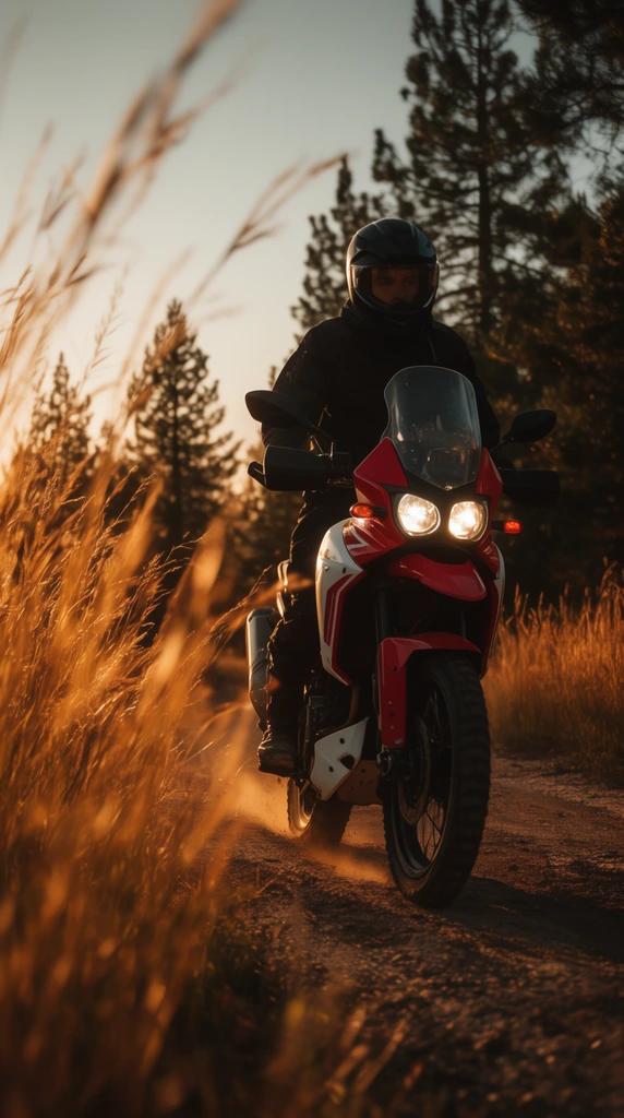 motorcyclist riding a red and white adventure motorcycle down a dirt road, dark jacket and black helmet, illuminated twin headlights, golden hour sunlight, warm backlighting, low angle perspective, out-of-focus tall grass in left foreground, pine trees in background, cinematic adventure lifestyle photography, deep shadows, rich amber tones
