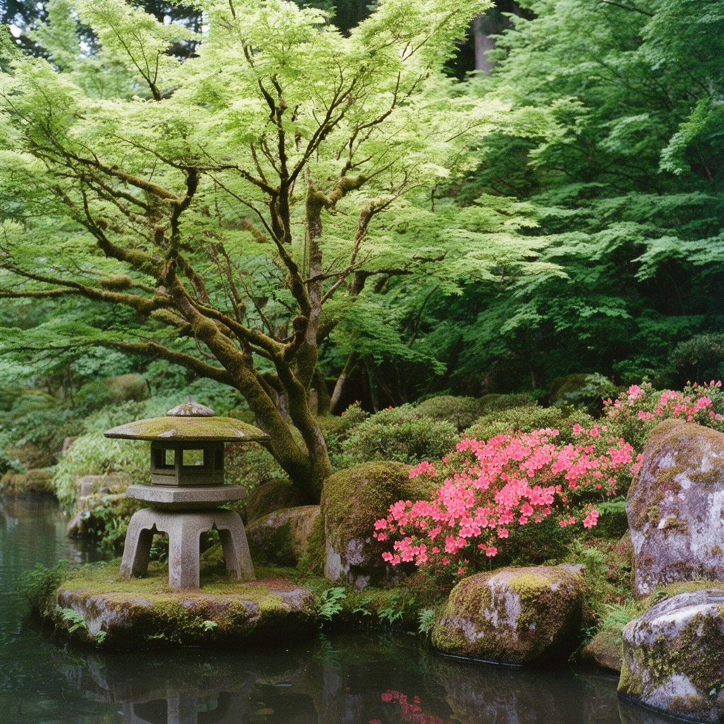traditional stone lantern on a mossy rock bordering a dark reflective pond, bright green maple tree with intricate mossy branches, vibrant pink blooming azaleas nestled among large moss-covered boulders, dense lush green forest canopy filling the background, soft natural shaded daylight, serene Japanese garden landscape, 35mm film photography, noticeable film grain