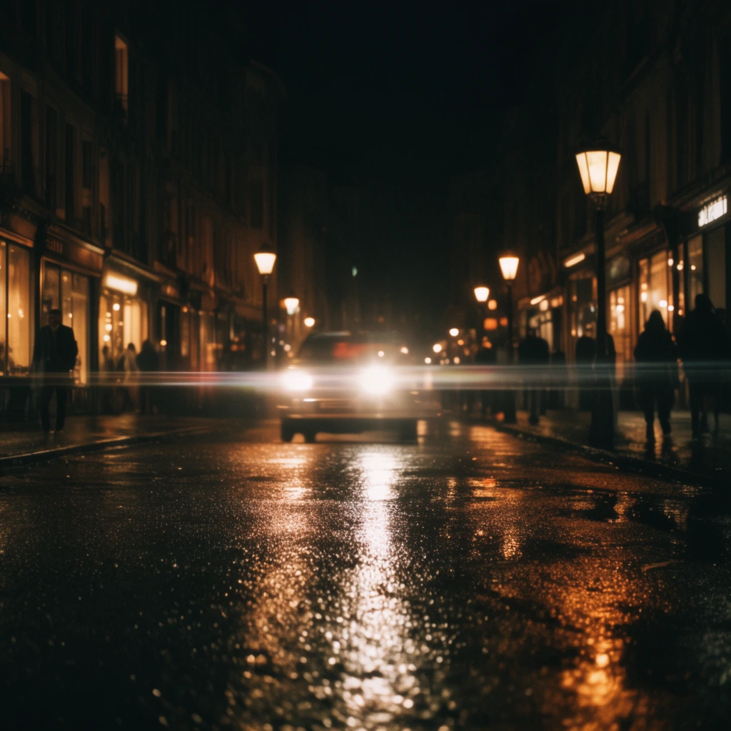 dark wet city street at night, bright vehicle headlights, horizontal anamorphic flare, illuminated storefronts, vintage streetlamps, reflective asphalt, silhouetted pedestrians, cinematic low-key lighting, warm amber tones, low angle