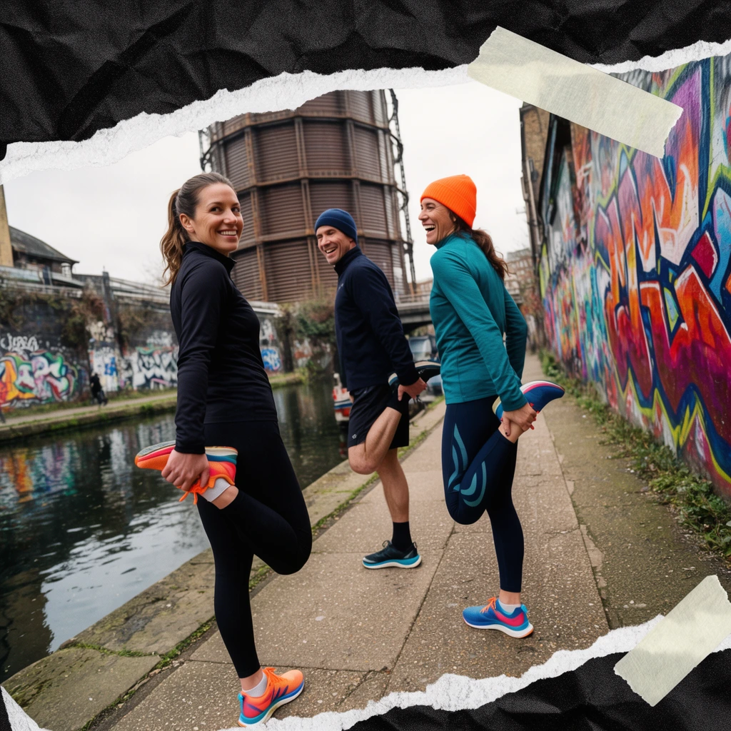 A collage-style composition featuring a dynamic photograph of three runners stretching on an urban canal path, bordered by rough torn white paper, masking tape, and a crinkled black paper background. In the foreground, a smiling woman in black athletic wear and vibrant orange and blue shoes holds her foot in a quad stretch, looking back over her shoulder. Behind her, a man in a dark blue beanie and a woman in a bright orange beanie and teal top mirror the pose, laughing together. The concrete walkway is flanked by a brightly colored graffiti wall on the right and a massive cylindrical metal gas holder towering in the background. A wide-angle lens and slight diagonal tilt inject energetic motion, highlighting the bright clothing against the highly textured, gritty urban environment.