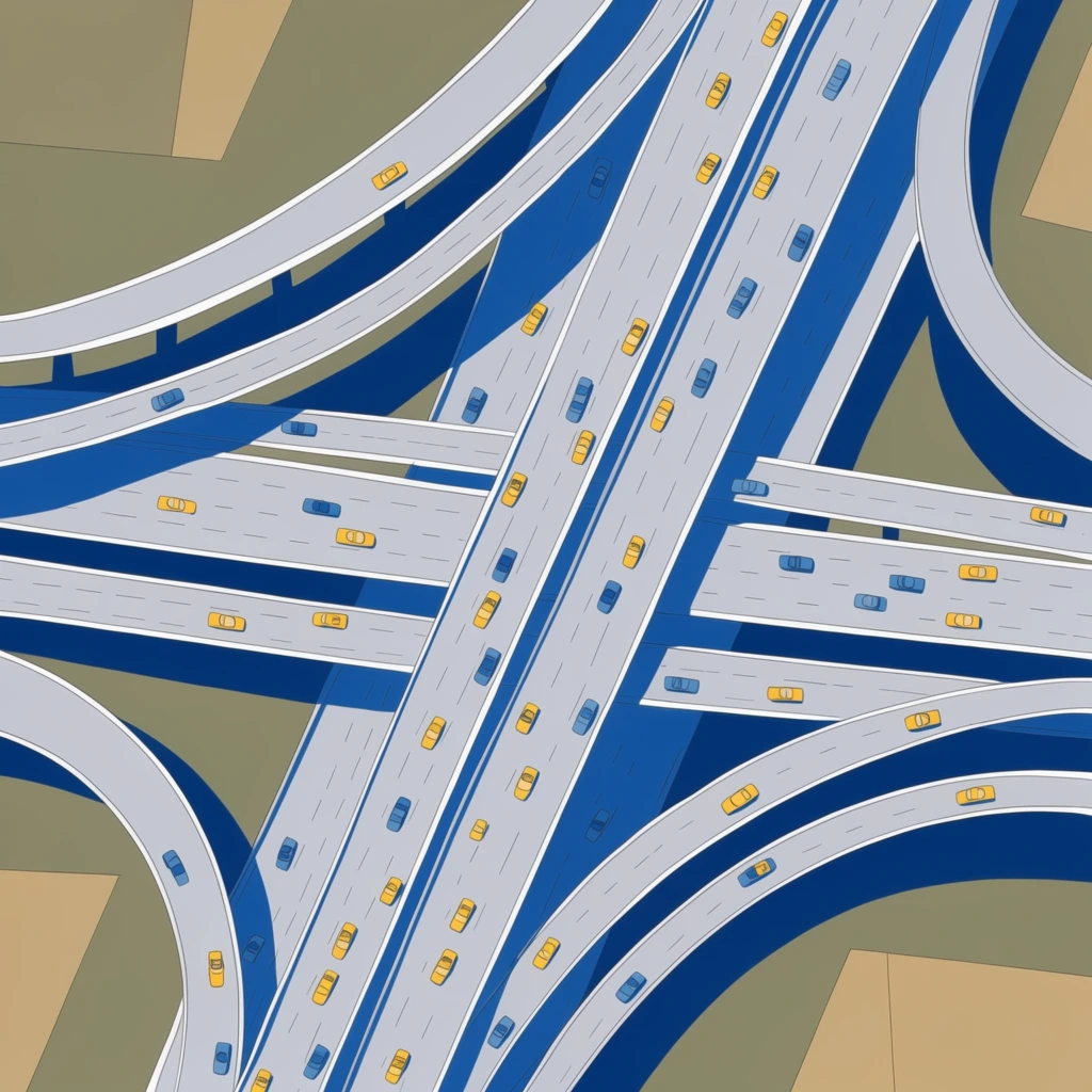Top-down abstract view of a complex highway interchange, interlocking elevated overpasses, sweeping curved ramps, light gray roads, bold deep blue cast shadows, tiny stylized yellow and blue cars, flat 2D illustration, minimal graphic art, background of muted olive green and tan rectangular shapes, precise linework, limited palette, architectural abstraction