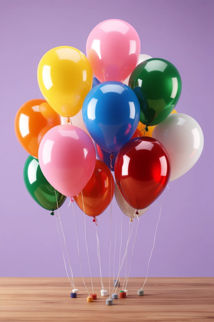 cluster of glossy helium balloons floating above a wooden table against a solid lavender background, vivid colors including yellow pink blue green red orange white, highly reflective spherical surfaces showing softbox lighting reflections, thin white ribbons trailing to small weights on the wood grain surface, photorealistic 3D render style, studio lighting, centered composition