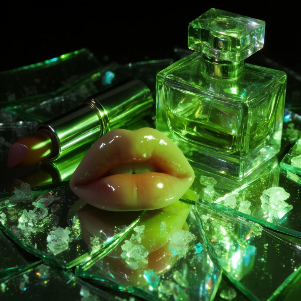 A macro still life featuring plump, ultra-glossy woman's lips arranged alongside a reflective metallic lipstick tube and a heavy, faceted glass perfume bottle, entirely bathed in harsh, saturated neon-green directional lighting. The subjects rest directly on a surface of layered, shattered mirror glass, producing crisp, fragmented reflections of the vivid green elements underneath. Coarse, translucent crystalline shards resembling crushed ice are scattered across the fractured glass panes, catching sharp cyan and green refractive glints. The intense spotlighting creates a dramatic chiaroscuro effect with sharp specular highlights on the wet and metallic textures, luminous subsurface scattering on the lips, and deep, crushed black shadows. The high-contrast composition features razor-sharp focus in the foreground with a subtle halation around the brightest light reflections, while the background drops off abruptly into an impenetrable, pitch-black void.