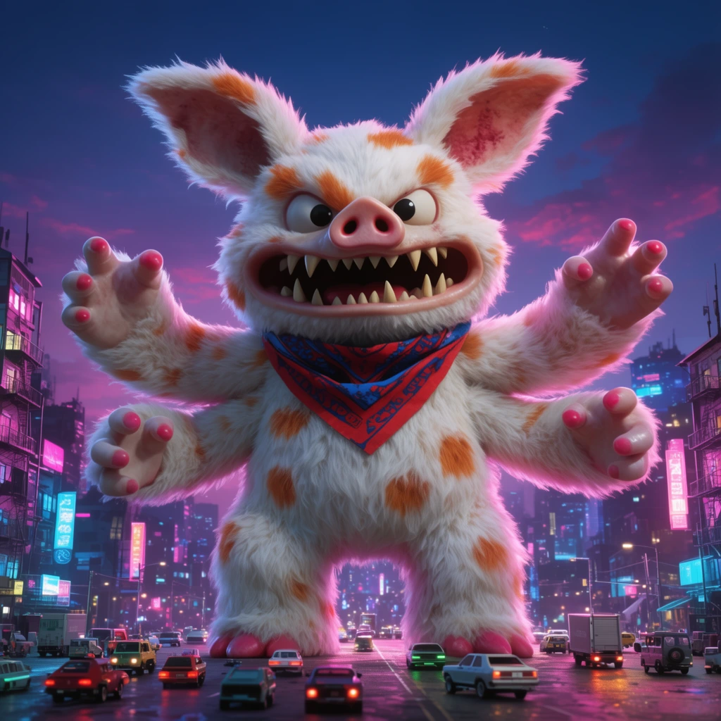Giant four-armed fluffy monster towering over a miniature city, mutated animal-toy hybrid, white fur with orange spots, pig-like snout, sharp teeth, aggressive expression, large ears, red and blue bandana, four outstretched arms with pink-tipped fingers, tiny vehicles on street below, neon cyberpunk cityscape, twilight sky, dramatic low angle, cinematic lighting, synthwave palette, vibrant pink and blue rim light, hyper-detailed 3D rendering