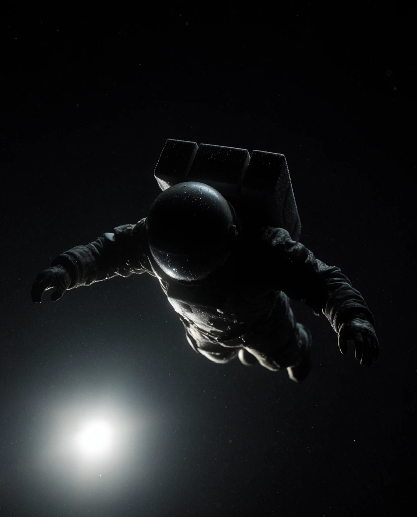 A solitary figure in a bulky, dark protective suit drifts through a pitch-black void. The subject wears a thick, textured garment with rigid rectangular back panels and a smooth, opaque spherical helmet. Arms extend outward in a weightless posture with fingers slightly curled. The suit's surface is speckled with tiny luminous droplets catching a stark illumination. The surrounding environment is an endless, inky expanse dotted with faint microscopic white specks. A blinding, singular light source flares from the lower left, creating dramatic chiaroscuro. This intense bottom-lighting casts stark silver-white highlights across the underside of the figure, while the upper portions dissolve into the deep shadows. The cinematic widescreen composition and low camera angle emphasize absolute isolation in the monochromatic, high-contrast scene.