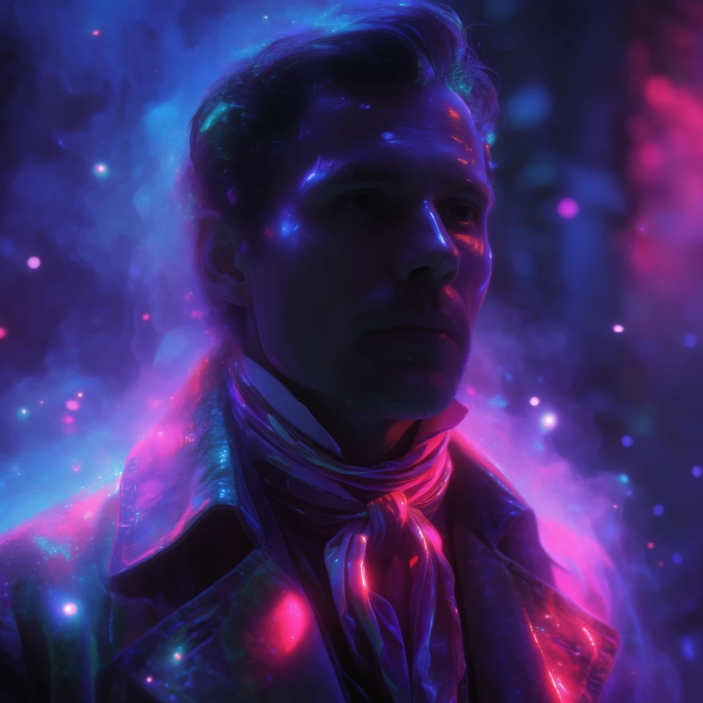 A man wearing a collared coat and cravat illuminated by a surreal, high-contrast neon palette of electric cyan, deep indigo, and striking hot pink. The textured fabric of the collared coat and the draped cravat catch intense, glossy magenta highlights and a slick, reflective sheen against heavy violet shadows. Dense, swirling luminescent mist and glowing, bioluminescent floating particles drift across his figure, enveloping him in an ethereal, dreamlike atmosphere. The cinematic framing utilizes a shallow depth of field, rendering the background into a soft-focus haze of moody blue tones and vibrant pink light bleeds. The image exhibits a hyper-detailed, photorealistic digital art aesthetic combined with magical realism, characterized by deeply saturated synthwave color grading and dramatic, otherworldly lighting effects.