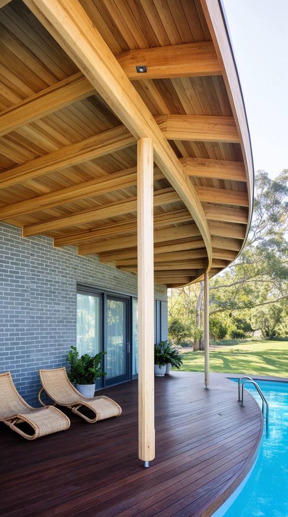 sweeping curved wooden roof with exposed rafters, central light wood support pillar, dark hardwood deck, curved swimming pool with metal ladder, two woven rattan lounge chairs, gray brick wall, potted plants, sliding glass doors, sunlit green lawn background, bright natural daylight, wide-angle architectural photography